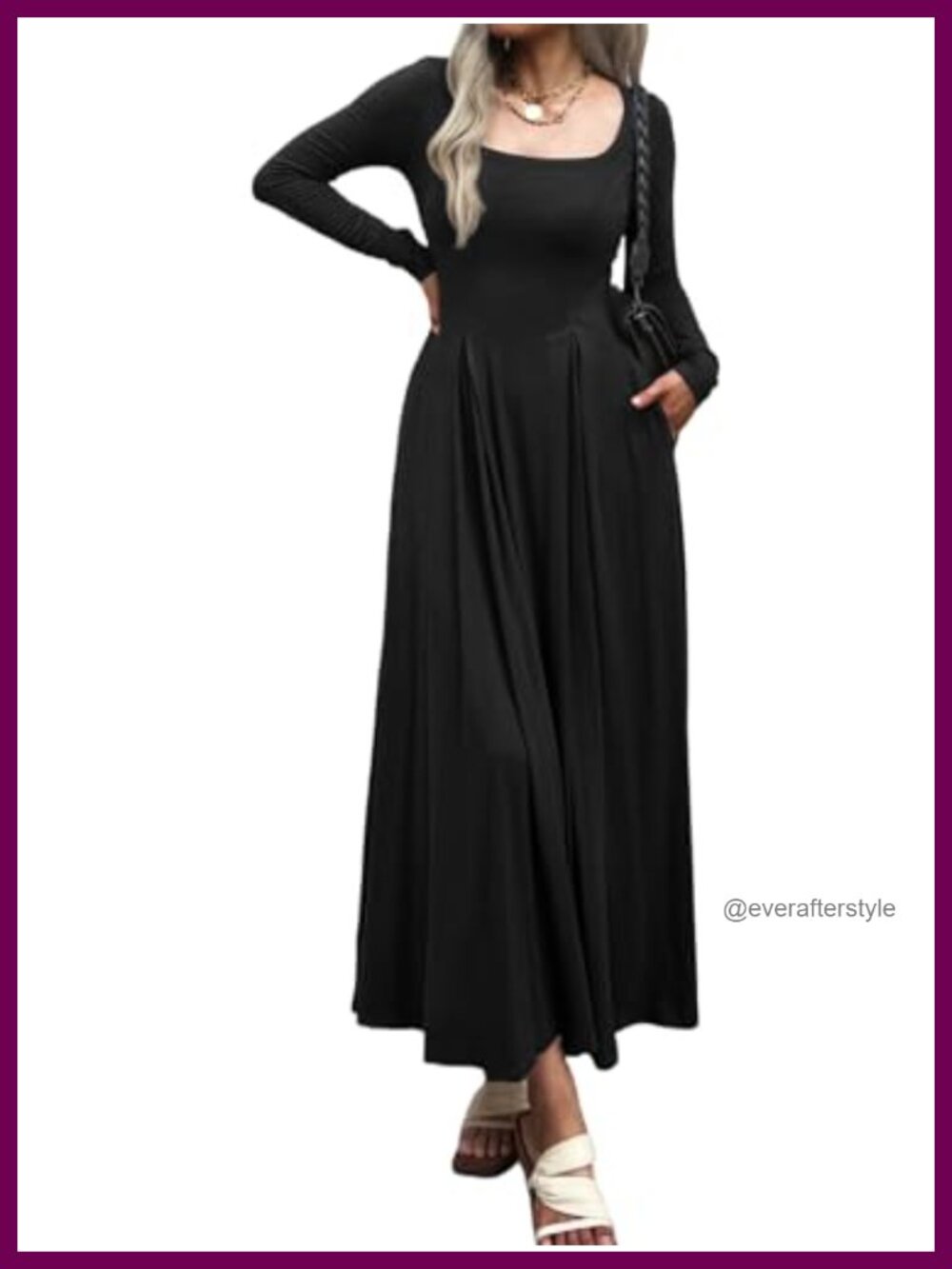 Women Long Sleeve Square Neck Maxi Pleated Dress with Pockets
